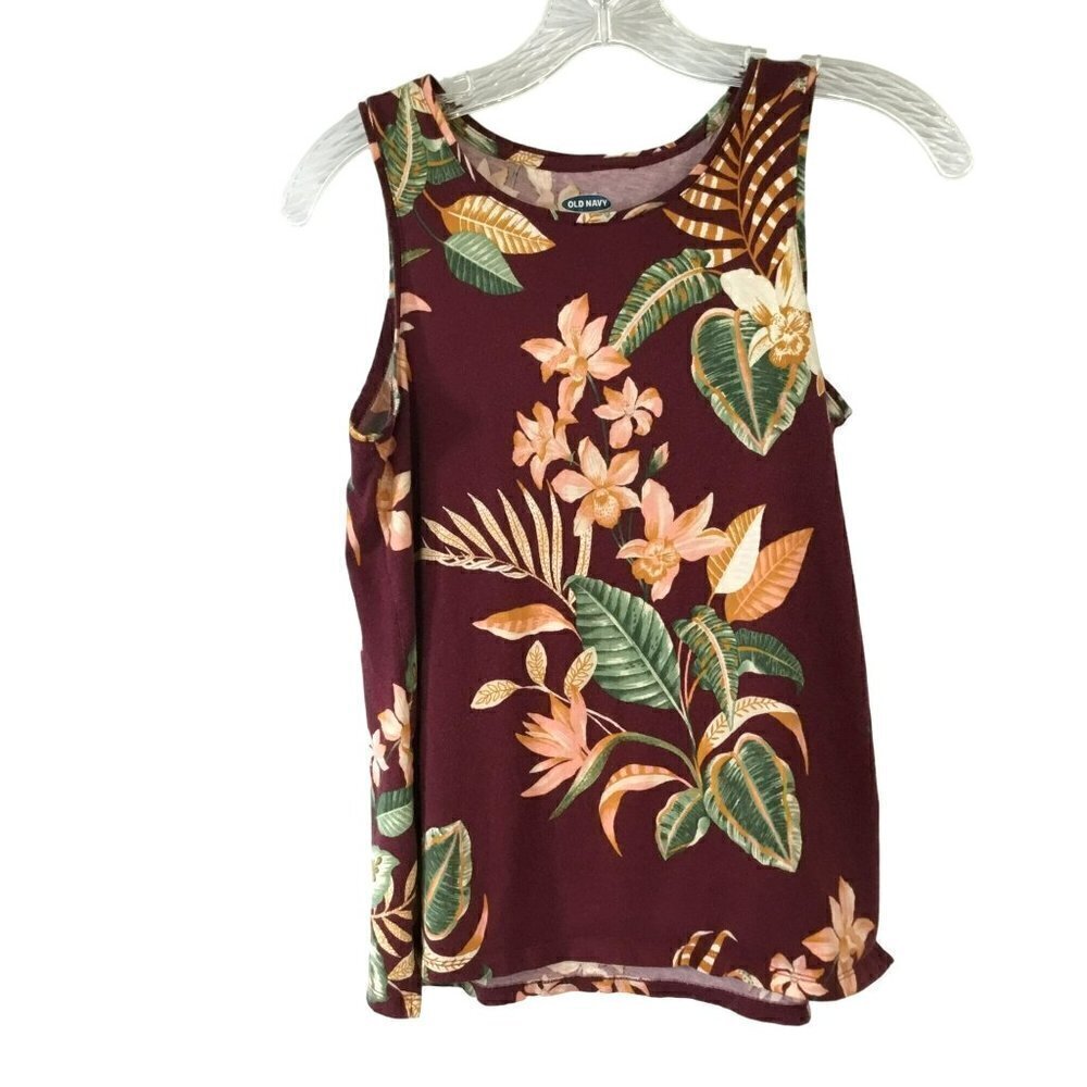 Old Navy Everywear Tank Top Sleeveless in Tropical Burgundy Floral Women's Sz XS
